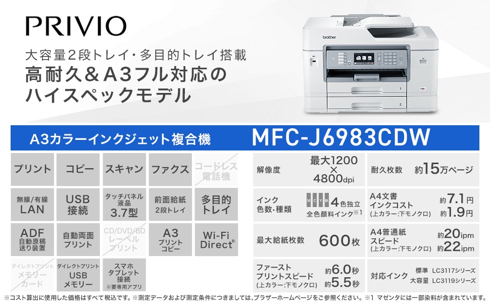 ブラザー MFC-J6983CDW A3インクジェット複合機 Wi-Fi FAX 自動両面