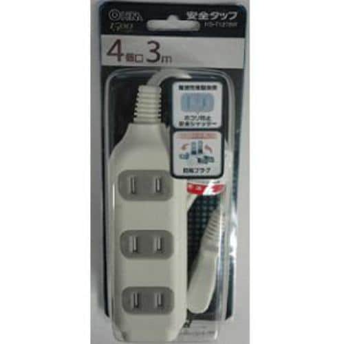 オーム電機 HS-T1278W シャッター付タップ 4個口 3m