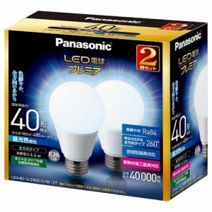 【クリックで詳細表示】パナソニック 調光器非対応LED電球 「LED電球プレミア」 (一般電球形・全光束485lm/昼光色相当・口金E26/2個入) LDA4D-G/Z40E/S/W
