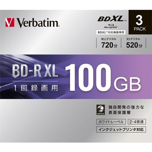 バーベイタム(Verbatim)  VBR520YP3D1 録画用BD-RXL（片面3層）インクジェットプリンタ対応ワイドレーベル ケース付き3枚パック