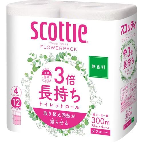 日本製紙クレシア スコッティ フラワーパック3倍長持ち 無香 300m 4ロール ダブル