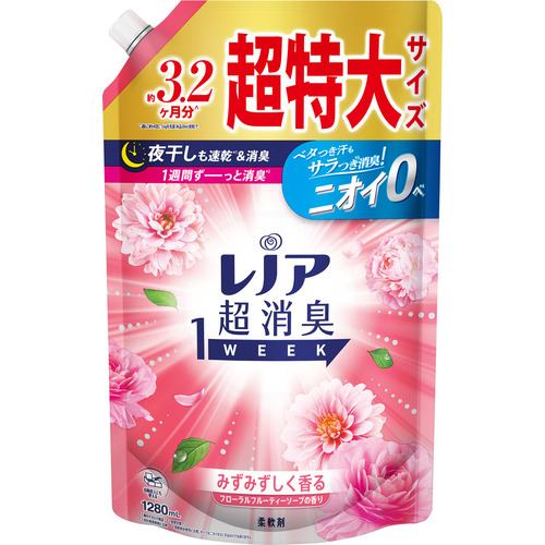 P&Gジャパン レノア超消臭１ｗｅｅｋ みずみずしく香るフローラルフルーティーソープの香り つめかえ用 超特大サイズ１２８０ＭＬ