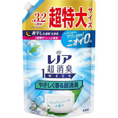 P&Gジャパン レノア超消臭１ｗｅｅｋ やさしく香る超消臭フレッシュソープの香り つめかえ用 超特大サイズ １２８０ＭＬ