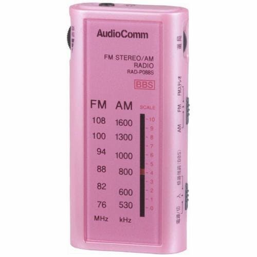 オーム電機 RAD-P088S-P FMステレオ／AM ライターサイズラジオ ピンク