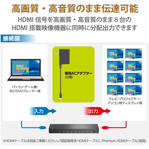 エレコム VSP-HDP18BK HDMI分配器 4K 60P 対応 1入力 8出力