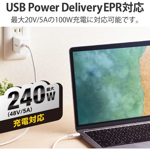 エレコム U2C-CCPE20NWH USB2.0ケーブル／C-Cタイプ／認証品／USB Power  Delivery対応／240W／2.0m／ホワイト U2CCCPE20NWH