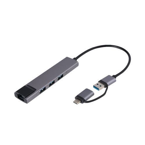 ナカバヤシ UH-C3L373GY USB Type-Aポートx3搭載ハブ Type-A&C 有線LAN変換アダプタ付き  グレー