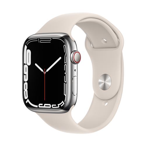 【クリックで詳細表示】アップル(Apple) MKJV3J/A Apple Watch Series 7(GPS ＋ Cellularモデル) 45mm シルバーステンレススチールケースとスターライトスポーツバンド レギュラー