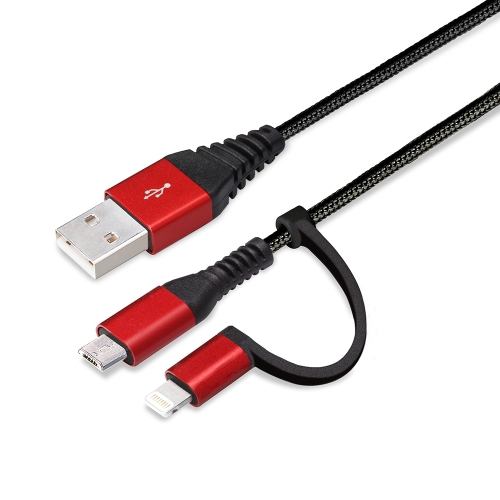 PGA PG-LMC05M01BK 変換コネクタ付き 2in1 USBタフケーブル(Lightning&micro USB) 50cm レッド&ブラック