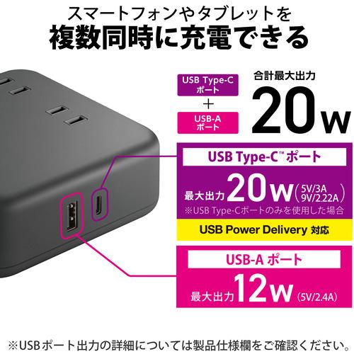 エレコム T-U04-4220BK 20Wデスクトップ型USBタップ 2.0ｍ TU044220BK