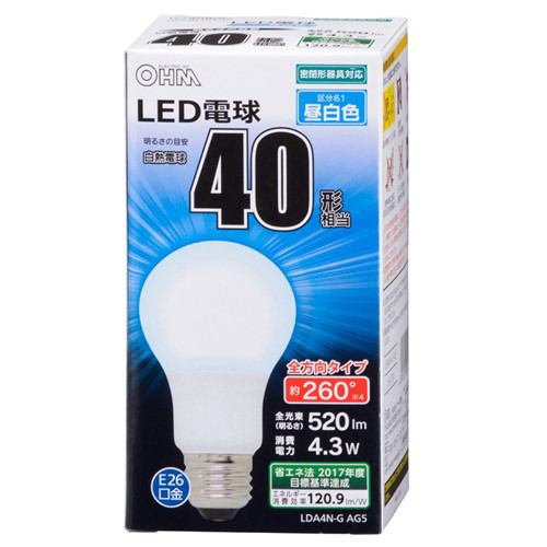 オーム電機 LDA4N-G-AG5 LED電球 一般電球形 E26 40W形相当 昼白色