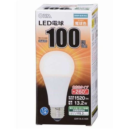 オーム電機 LDA13L-G AG5A LED電球 100W相当 E26 電球色 全方向 密閉器具対応