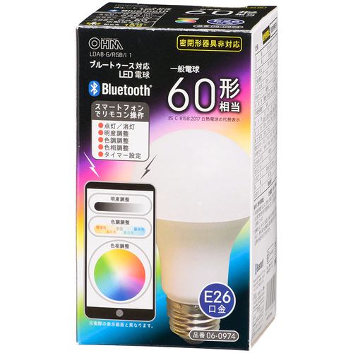 オーム電機 LDA8-G／RGB／I 1 LED電球 Bluetooth対応 E26 60形相当 広配光 調色／色相調整タイプ LDA8G／RGB／I 1